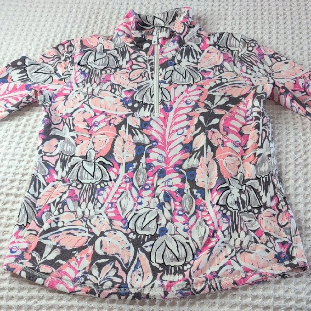 Talbots Pink, Gray & White Floral Quarter Zip Pullover Athleisure